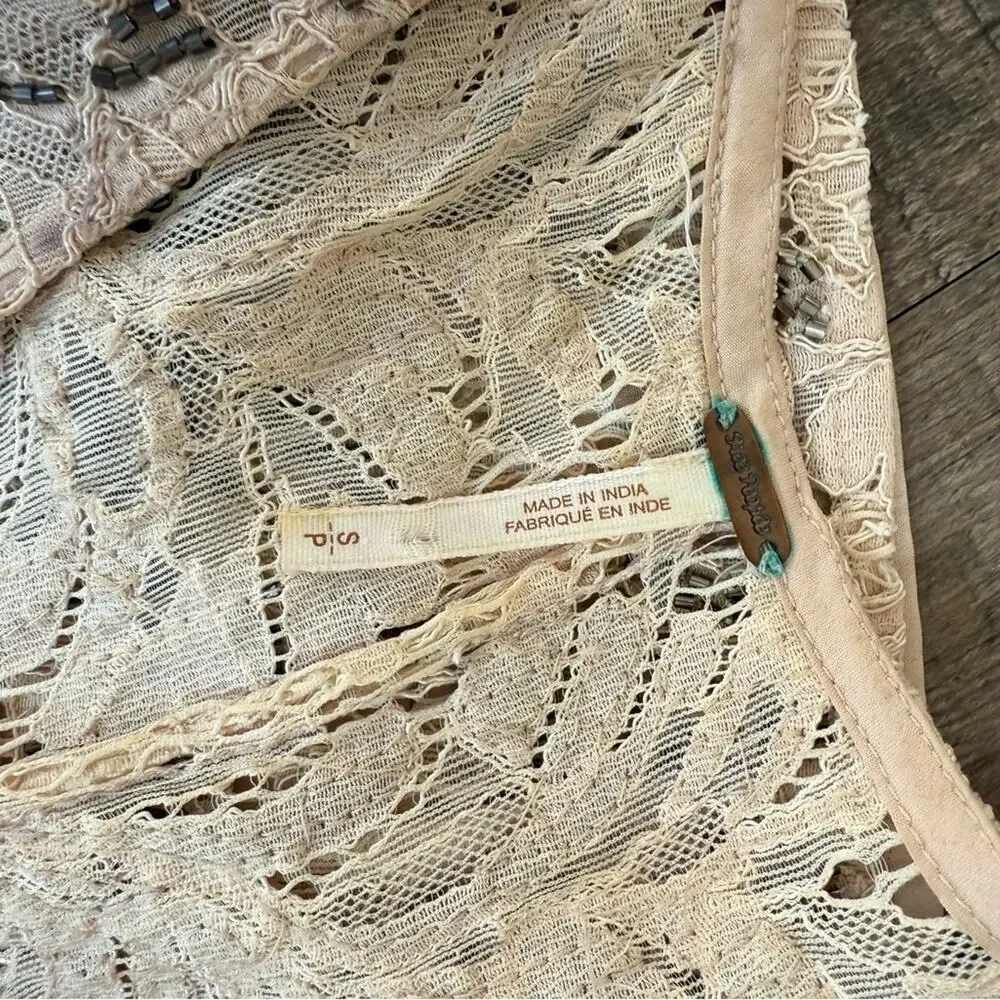 Free People Shine On Mini Dress Beaded Lace Sleeveless Beige Blush Women's Small